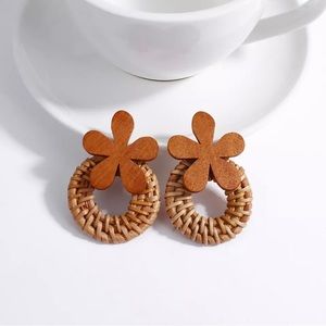 Rattan Weaved Wooden Flower Earrings